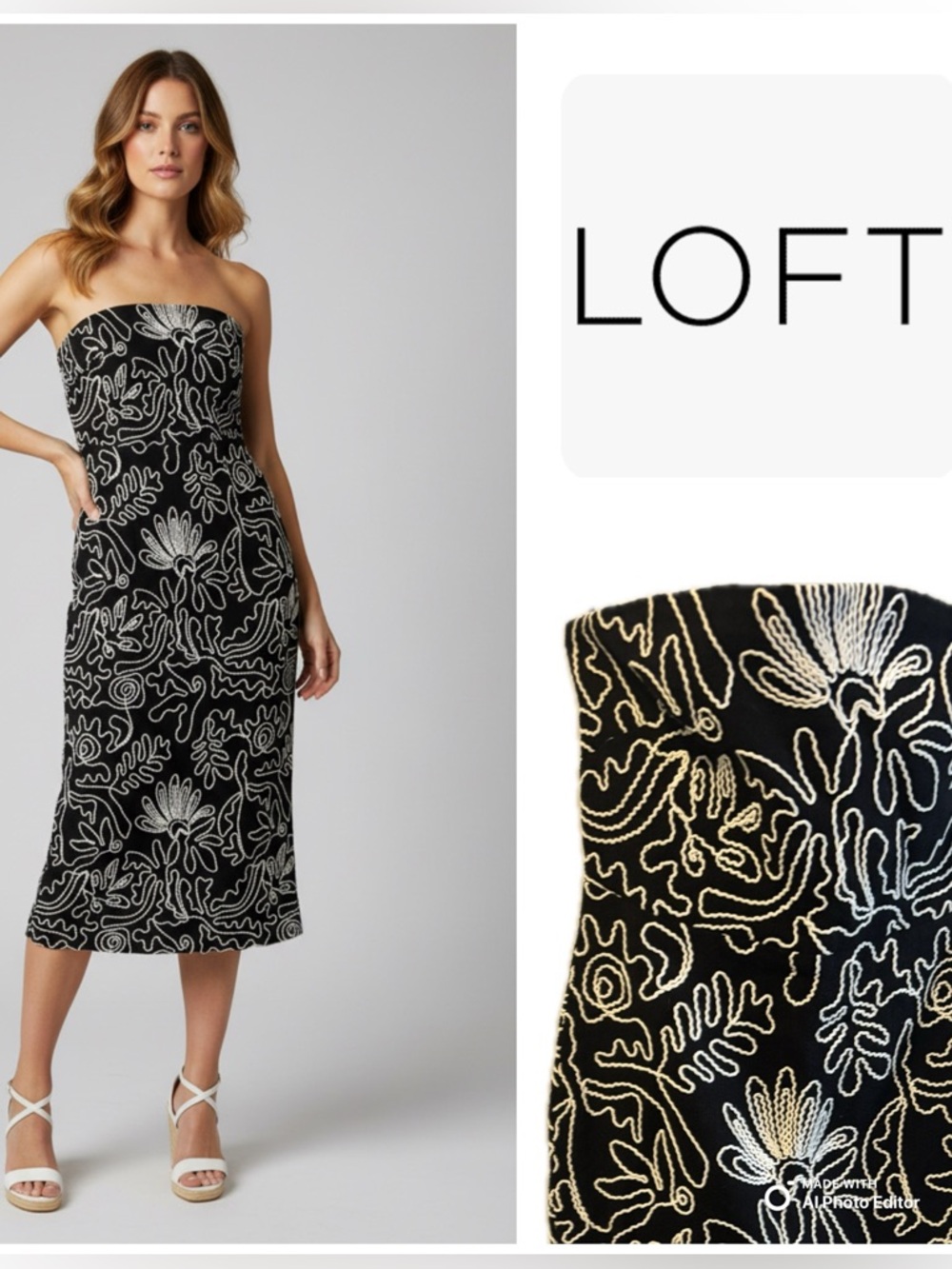 LOFT Black Strapless Midi Dress with White Embroidered Floral Detail